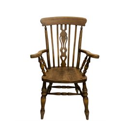 20th century beech farmhouse chair, the slat and splat back over seat, raised on turned supports 
