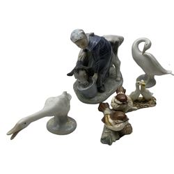 Royal Copenhagen porcelain figure of a girl and calf, no. 779; Bing & Grondahl figure of a Seagull no. 1808; two Lladro geese; Nao geese figure; with three other porcelain bird figures (8)