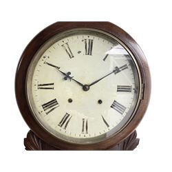 American - drop dial wall clock c1910, with a mahogany dial surround and case, box with carved ears and pendulum viewing window, painted dial with Roman numerals and steel fleur-de-lis hands, twin train spring driven movement striking the hours on a coiled gong. No pendulum.