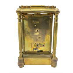 French timepiece carriage clock c1900 with a cylinder platform escapement, white enamel dial, Roman numerals and minute track, steel spade hands with three bevelled glass panels and a rectangular glass panel to the top of the case. With key.