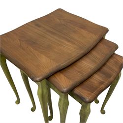 Late 20th century walnut nest of three tables, shaped top on cabriole supports, in distressed green paint and waxed finish