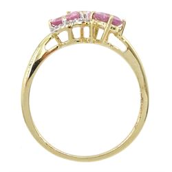 9ct gold three stone pink sapphire and diamond ring, hallmarked 