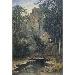 Robert Frier (Scottish 1855-1912): Rocky Brook and Figure before Castle, watercolour signed, housed in ornate gilt foliate moulded frame 63cm x 42cm