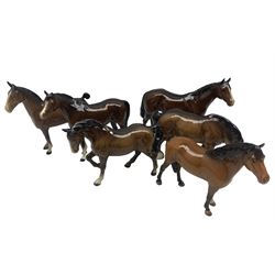 Beswick New Forest pony in bay gloss No1646, 1st version, Beswick Hackney in brown gloss No1361, Stocky Jogging Mare NoH855, 3rd version and three other Beswick brown horses (6)