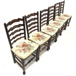 Near set of twelve late 19th century oak ladderback dining chairs with string seats and turned supports united by stretchers W46cm