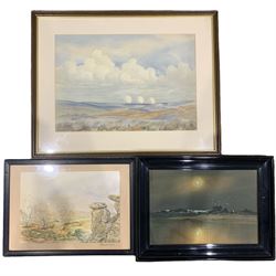 English School (early 20th century): Fylingdales North Yorkshire Moors, watercolour indistinctly signed together with Herbert Tomlinson (British 1845-1931): Moonlit Coastal Scene, gouache signed and Roger Baker (British 20th century): 'Brimham Rocks', watercolour signed and dated 2000 max 35cm x 50cm (3)