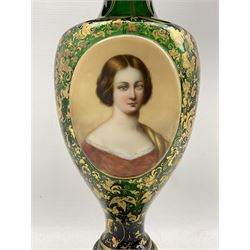 19th century Bohemian green glass table lustre with white overlay acanthus turn-over rim, the body painted with an oval head and shoulders portrait of a young woman on an extensive gilt foliate scroll work ground, H34cm lacking drops