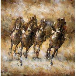 R Sanford (British contemporary): Horse Racing, oil on canvas signed 75cm x 75cm