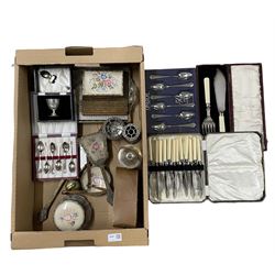 Vintage cutlery sets in cases, silver-plated sugar sifter, Kodak Brownie Movie Camera, Vintage dressing table set etc in one box