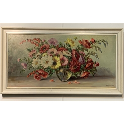 Lerni - still life, oil on board of a vase of flowers signed, 39cm x 79cm 
