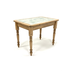 Victorian style pine kitchen work table, with tile top, raised on turned supports, 101cm x 68cm, H76cm