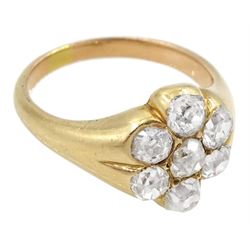 Victorian 15ct gold seven stone old cut diamond flower cluster ring, total diamond weight approx 1.60 carat