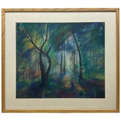 Martin J Popplewell (Northern British Contemporary): 'Arran' in Spring and Forest Shade, two oil pastels signed, former titled verso max 41cm x 48cm (2)