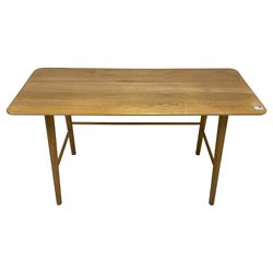 Contemporary light oak side table, rectangular top with rounded corners, on splayed circular supports joined by stretchers