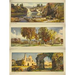 Three unframed carriage prints from the LNER post-war series, 1945-57 comprising Byland Abbey, Yorkshire and High Force, Teesdale after E. W. Haslehust and Harrogate, Yorkshire after Jack Merriott, 25.5cm x 51cm