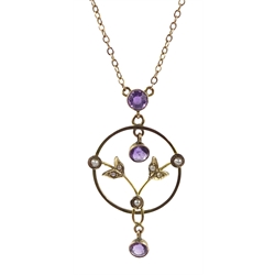 Edwardian 9ct gold amethyst and seed pearl pendant necklace