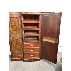 Late Victorian veneered burr walnut breakfront triple wardrobe, the centre  mirrored door enclosing four slides and three drawers, flanked by two cupboards both fitted for hanging W178cm, H196cm, D62cm