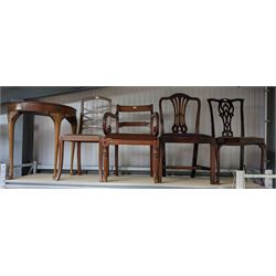 Regency mahogany elbow chair, bar back, c-scroll elbow rests with carved reeding, drop in seat over turned and reeded supports together with three other chairs and demi-lune console table