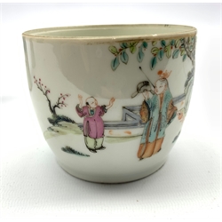 Chinese Republic porcelain cup decorated with figures in garden, red seal to base H7.5cm and a pair of 18th century Chinese famille verte hexagonal vases (a/f) (3)