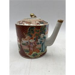 18th century Chinese mug decorated in blue and white with river landscape and with entwined handle H14cm, 19th century Cantonese mug with panels of figures etc, Cantonese cylindrical teapot and other items 