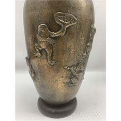 Japanese bronze  vase with script and a raised pattern of frogs H26cm (drilled), Islamic white metal tray with engraved decoration D32cm and an African carving (3)