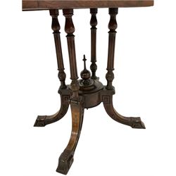 Victorian walnut centre table, the quarter veneered top over four turned and fluted columns, leading into four splayed and inlaid supports W99cm, H68cm, D49cm