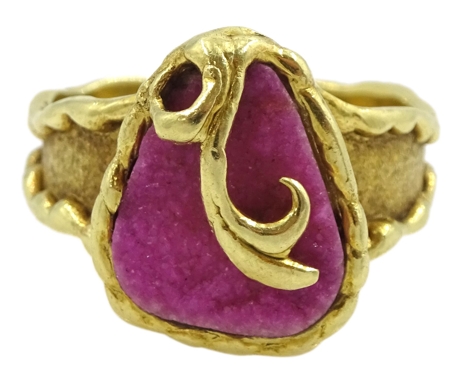 18ct gold single stone pink druzy ring, with leaf design overlay and a ...