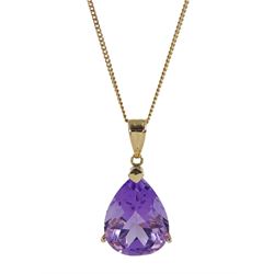 9ct gold single stone pear shaped amethyst pendant necklace, hallmarked