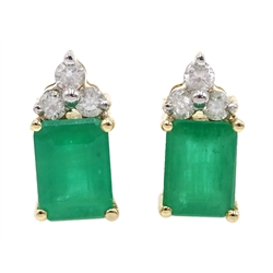 Pair of 14ct gold emerald and diamond stud earrings, stamped 585, emerald total weight approx 1.95 carat