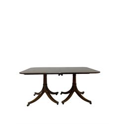 William Tillman - mahogany twin pillar dining table with two additional leaves, raised on two turned columns leading into four splayed supports, together with set eight dining chairs, with shielded backs and pierced splat, raised on squared tapering supports 