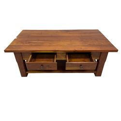 Hardwood rectangular coffee table, fitted with two drawers over an undertier, raised on chamfered supports