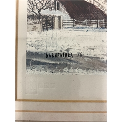 Michael Barnfather, artist signed print of a winter landscape, print sellers blind stamp, published by Alexander gallery, 29cm x 37cm