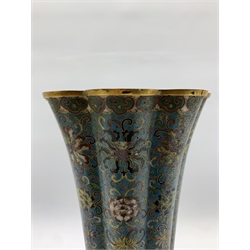 Chinese cloisonné vase, 18th Century, of lobed circular form, decorated with an all over floral design on a turquoise ground beneath a flared rim and with gilt bronze key pattern supports and gilded interior H30cm adapted for use as a table lamp and on a later marble base 