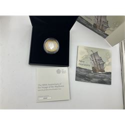 Three The Royal Mint United Kingdom 2020 silver proof piedfort two pound coins, comprising 'The 75th Anniversary of VE Day' and two 'The 400th Anniversary of the Voyage of the Mayflower', all cased with certificates (3)