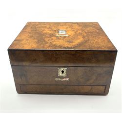 Victorian burr walnut & ebony mother of pearl inlaid vanity box, the lid with monogrammed mother-of-pearl shield cartouche and escutcheon, fitted interior, lift our tray and secret drawer, L31cm, H18cm D23cm 