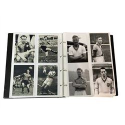 Football, rugby and cricketing ephemera, including cigarette cards, trade cards some with signatures, Merlin collections football cards, postcards showing past Yorkshire cricket teams, Leeds United season ticket, Leeds Rhinos tickets etc, in two folders