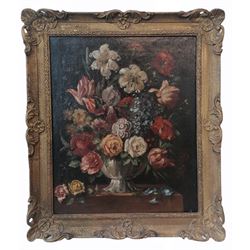 English School (20th century): Still Life of Flowers on a Ledge, oil on canvas signed AR 1767, 60cm x 49cm