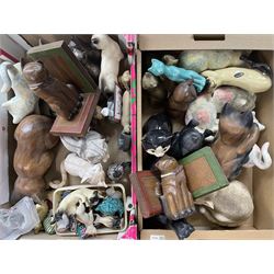 Large collection of pottery, metalware and glass cat ornaments in two boxes