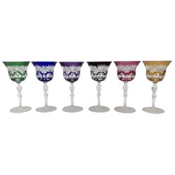 Set of six Bohemian Harlequin cut glass wine glasses with bell shaped bowls on faceted baluster stems, H17cm