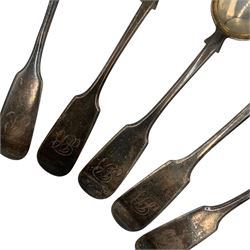 Set of nine Victorian silver fiddle pattern teaspoons engraved with initials Exeter 1856 Maker John Stone 