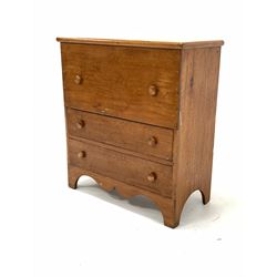 Late 19th/Early 20th century mahogany mule chest, the hinged top revealing plain interior, over two drawers to base, raised on bracket supports with shaped apron, W90cm, H100cm D45cm