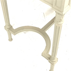 19th century French style two drawer side table, on turned and fluted supports connected by curved stretchers,  grey painted and waxed finish, W92cm, H77cm, D53cm