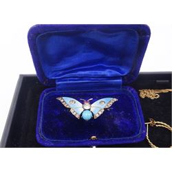 9ct gold jewellery including pairs of earrings and rings, silver enamel and paste stone set butterfly brooch, silver earrings, fob watch, stone set pendant necklace, brooch and bangle, all hallmarked or tested and other jewellery