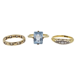 Gold five stone old cut diamond ring, stamped 18ct, gold eternity ring and a gold blue stone ring, both 9ct hallmarked or tested