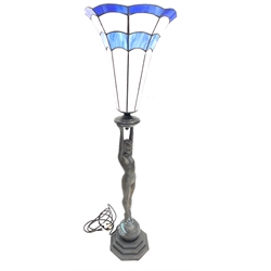 Tiffany style figural uplighter standard lamp, trumpet form shade on octagonal stepped base, H110cm