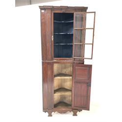 19th century architectural stained pine floor standing corner cupboard, the top section fitted with a glazed door enclosing three shelves over panelled cupboard to base W84cm