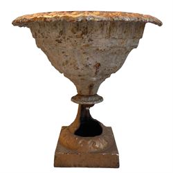 Victorian cast iron garden urn, egg and dart moulded rim over floral decorated body, on skeletal circular footed base 