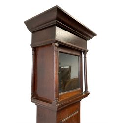 Mid-18th century empty oak longcase - with a flat top and broad cornice above a deep frieze, square hood door flanked by circular pilasters with wooden capitals, plain trunk and conforming door with a flat top, rectangular plinth with applied skirting. 10-1/2 inch square dial mask.