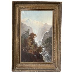 English School (19th century): Mountainous Waterfall Scene, oil on canvas indistinctly signed, housed in heavy ornate gilt frame 91cm x 55cm