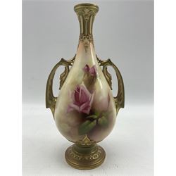 Early 20th century Royal Worcester vase by William Jarman, of pear form with twin acanthus mounted handles and slender neck, hand painted with roses, signed W. E. Jarman, upon circular foot, green printed marks beneath including shape number 229 and date code for 1908, H27cm